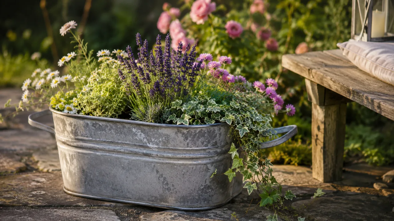 Zinkwanne Deko im Garten mit Lavendel, Margeriten und Efeu als dekorativer Blickfang auf der Terrasse.