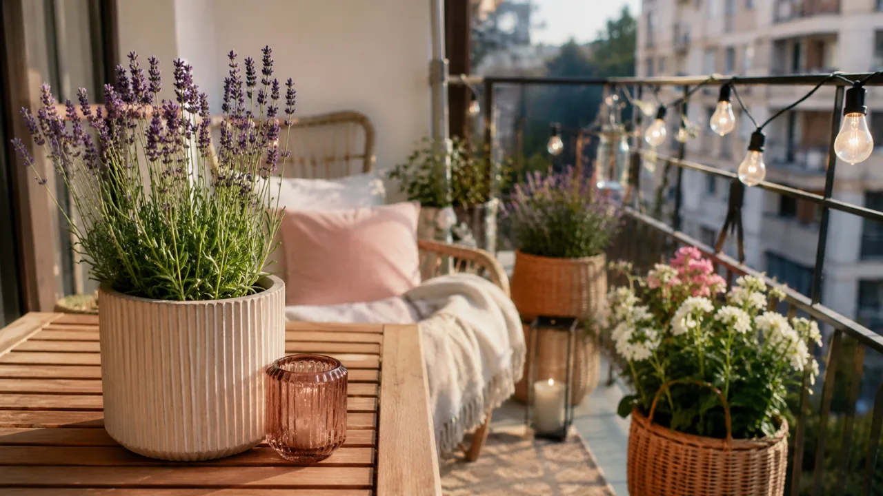 Sommer Deko für den Balkon mit modernen Pflanzkübeln, Holzmöbeln und stimmungsvoller Beleuchtung im Freien.