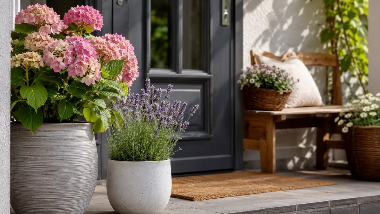 Hauseingang Deko für den Juni mit Hortensien, Lavendel und sommerlicher Eingangsgestaltung.