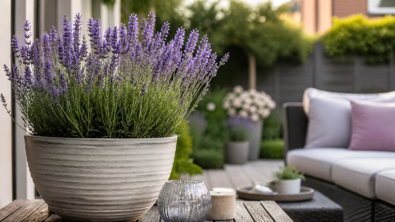 Gartendeko im Reihenhausgarten im Mai mit Lavendel Kübel und Sitzecke auf Terrasse