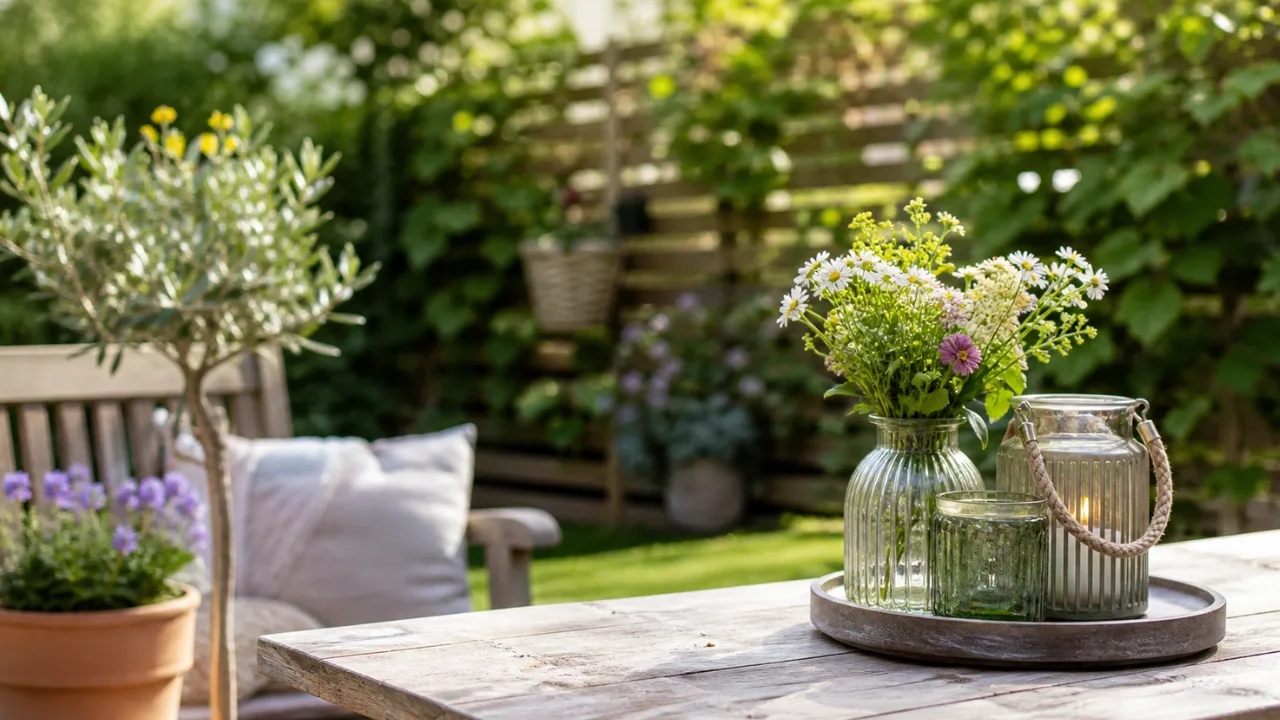 Deko für kleinen Garten im Mai mit Tischdeko, Blumen und natürlicher Gartengestaltung