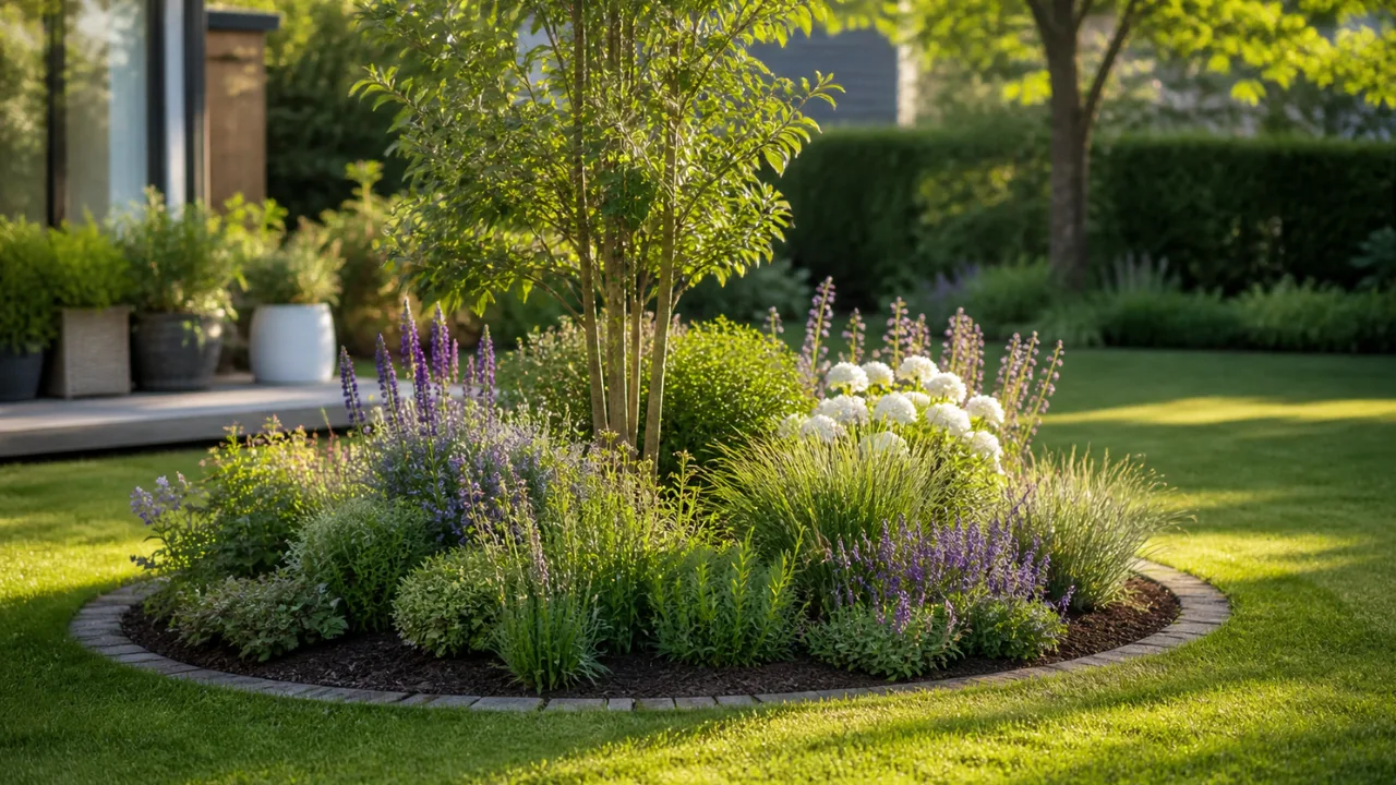 Inselbeet im Garten mit Baum, Stauden und klarer Form als zentraler Blickfang im Rasenbereich