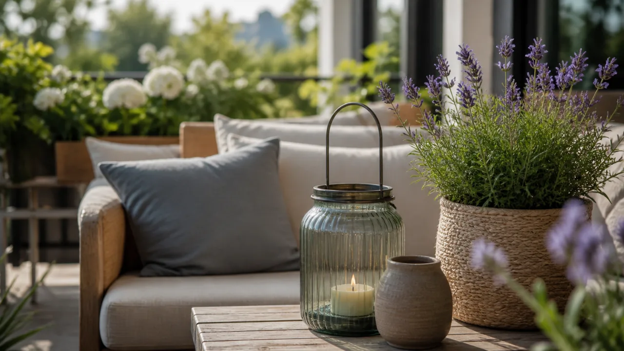 Deko draußen Garten Balkon Terrasse mit Laterne, Holz und Pflanzen gemütlich gestaltet