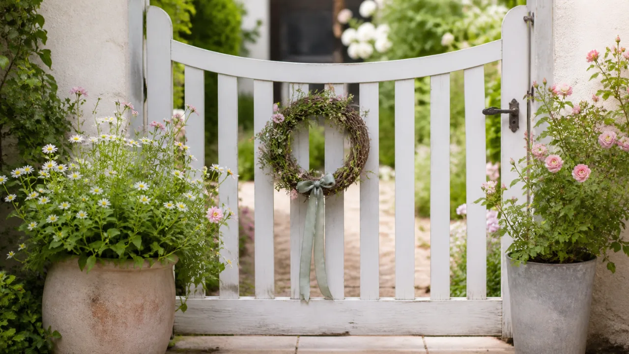 Gartentor Deko im Mai mit Kranz, Blumen und Pflanzkübeln im Garten
