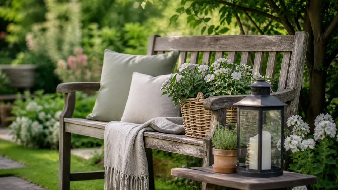Gartenbank Deko im Mai mit Kissen, Pflanzen und Laterne im natürlichen Gartenstil