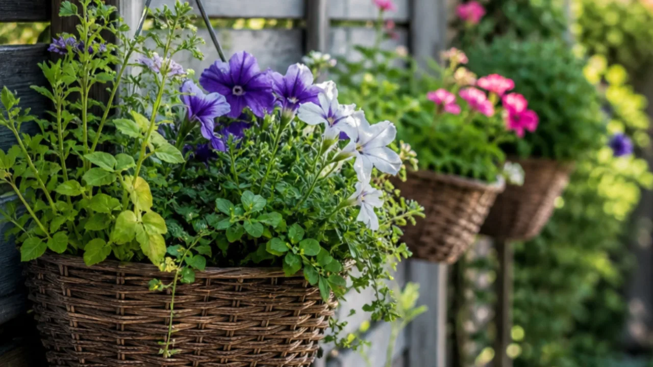 Gartenzaun Deko im Mai mit hängenden Pflanzkörben und blühenden Petunien am Holzzaun