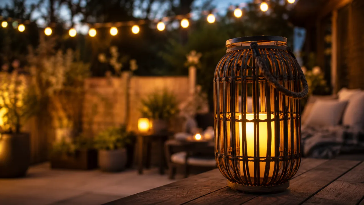 Gartendeko mit Licht auf gemütlicher Terrasse mit Laterne und warmen Lichterketten am Abend.