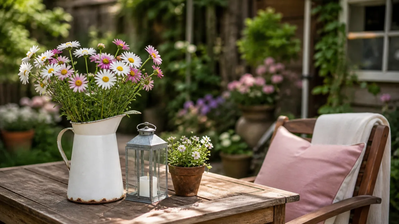 Schrebergarten Deko im Mai mit Holzsitzplatz, Blumen, Laterne und natürlicher Gartengestaltung