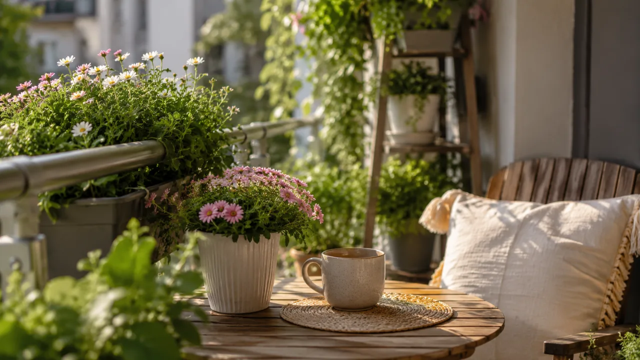 Kleiner Balkon Deko im Mai mit Blumen, Kräutern, Holzstuhl und gemütlicher Atmosphäre