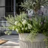 Pflanzkübel Deko im Mai mit Lavendel, Olivenbaum und Frühlingsblumen auf moderner Terrasse