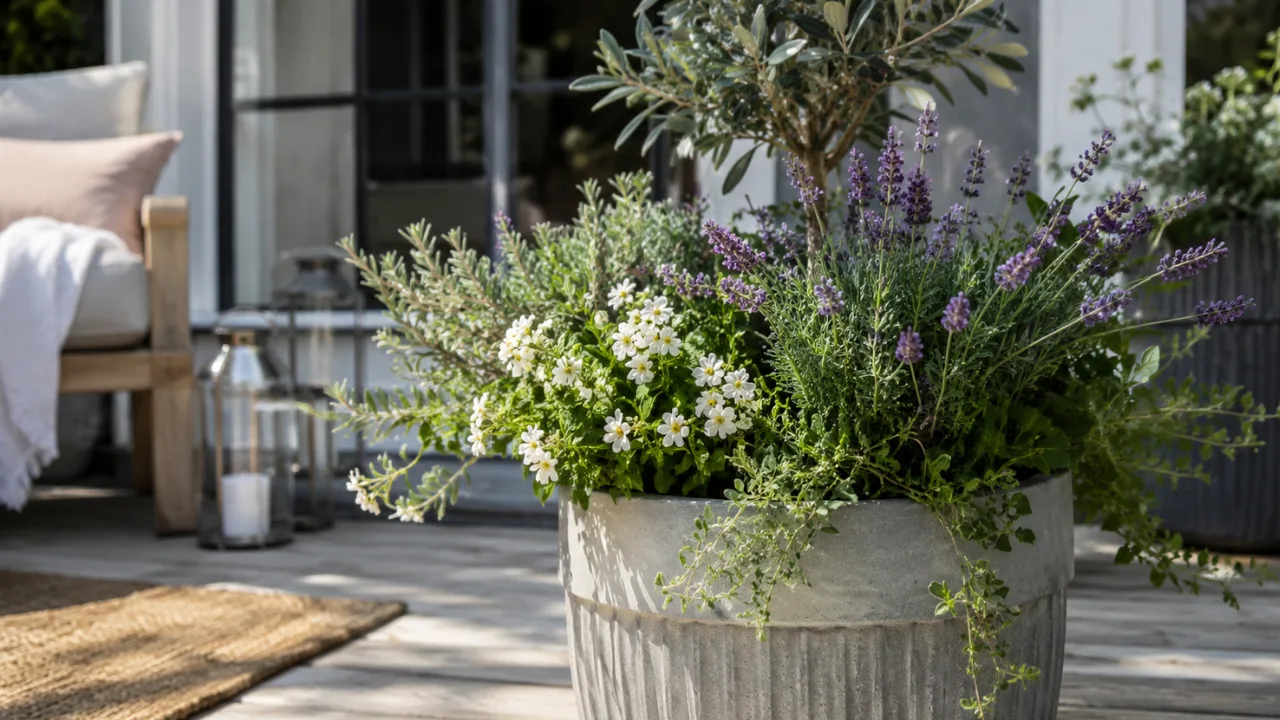 Pflanzkübel Deko im Mai mit Lavendel, Olivenbaum und Frühlingsblumen auf moderner Terrasse