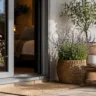 Terrassentür Deko im Mai mit Pflanzenkübeln, Laternen und natürlicher Frühlingsdekoration