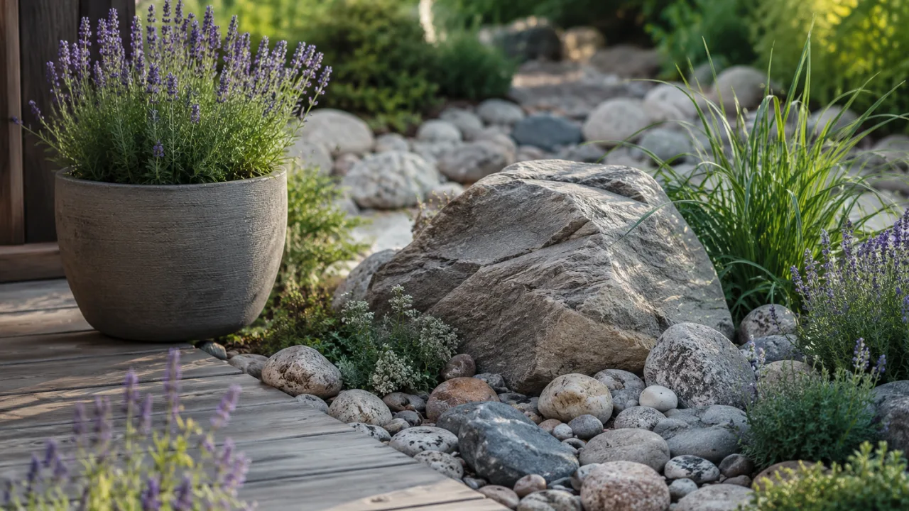 Gartendeko mit Steinen im modernen Garten mit Natursteinen, Kies und Lavendel im Sonnenlicht