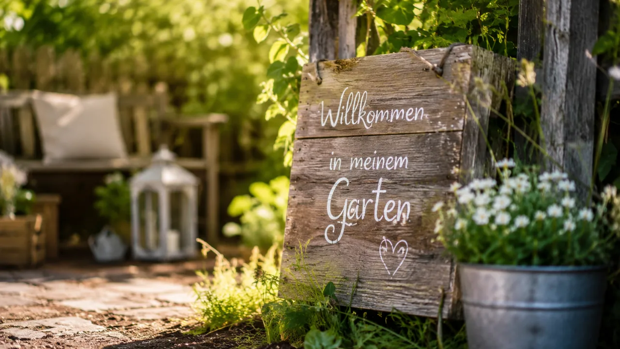 Holz Gartendeko mit Laterne und Pflanzen auf gemütlicher Terrasse im natürlichen Gartenstil