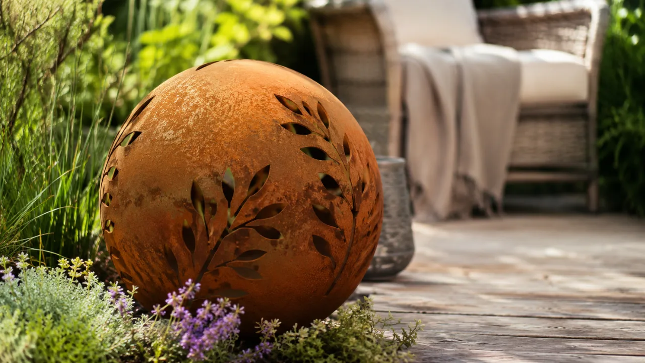 Rostige Gartendeko Kugel auf Holzterrasse mit Gräsern und Lavendel im Garten
