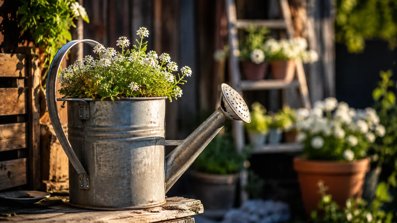 Gartendeko aus alten Sachen mit Zinkgießkanne, Blumen und rustikaler Gartendekoration im Garten.