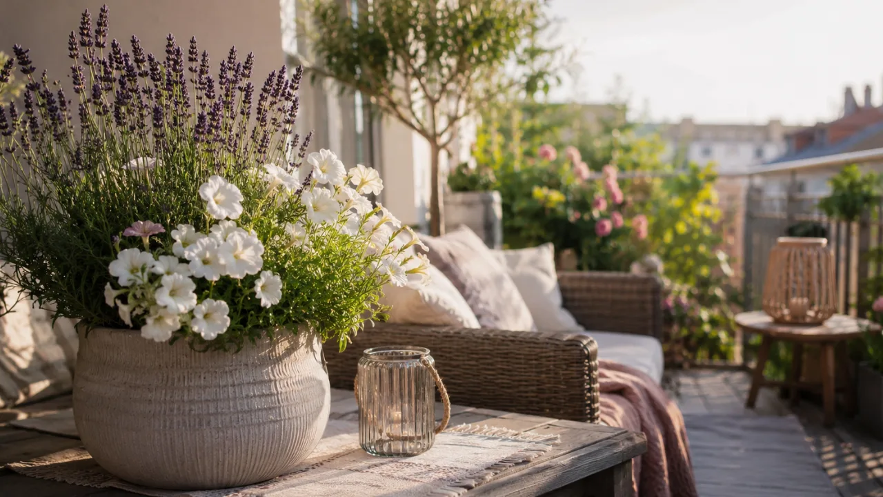Großer Balkon Deko im Mai mit Pflanzen, Lounge Möbeln und stimmungsvoller Beleuchtung im Außenbereich