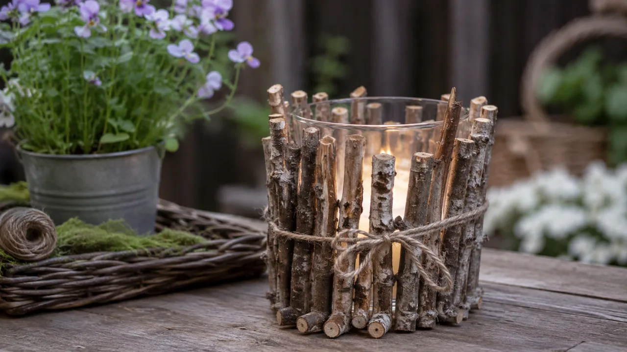 Gartendeko aus Ästen mit Windlicht auf Holztisch im natürlich dekorierten Garten.