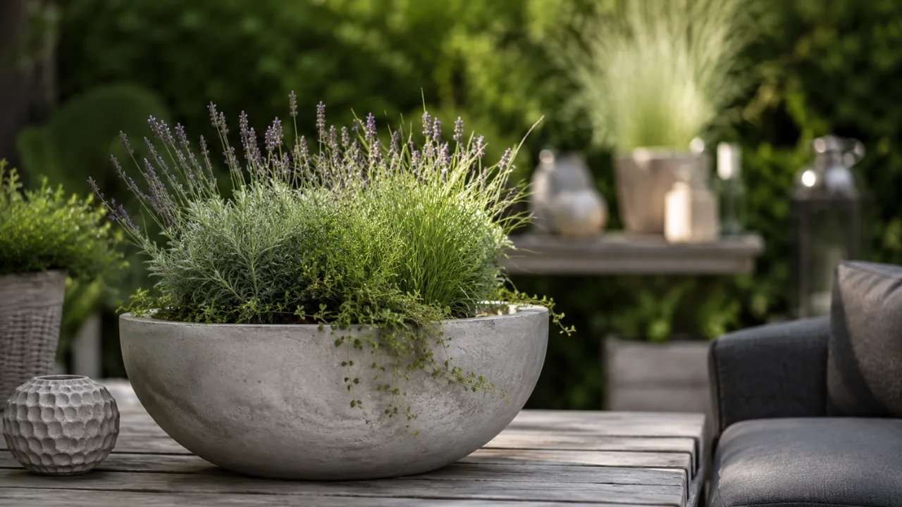 Gartendeko aus Beton mit großer Betonschale und Lavendel auf moderner Terrasse