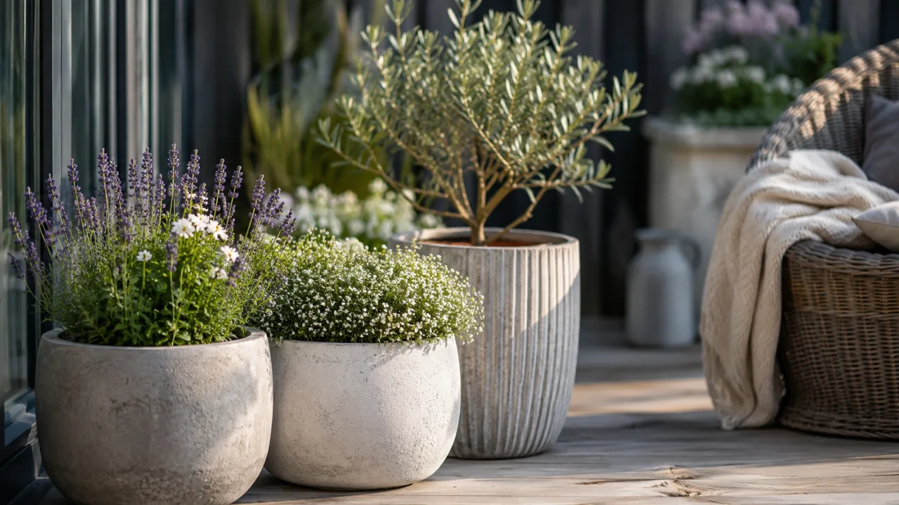 Gartendeko mit Blumentöpfen auf moderner Terrasse mit Lavendel und großen Pflanzgefäßen.