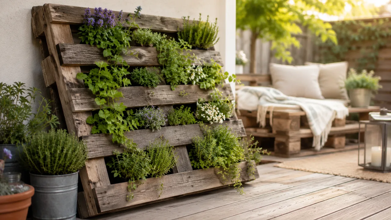 Gartendeko aus Paletten mit bepflanzter Holzpalette und gemütlicher Sitzecke im Garten