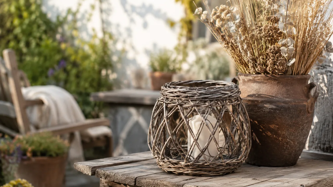 Gartendeko aus Naturmaterialien mit Weidenlaterne, Holz und Trockenpflanzen im Garten