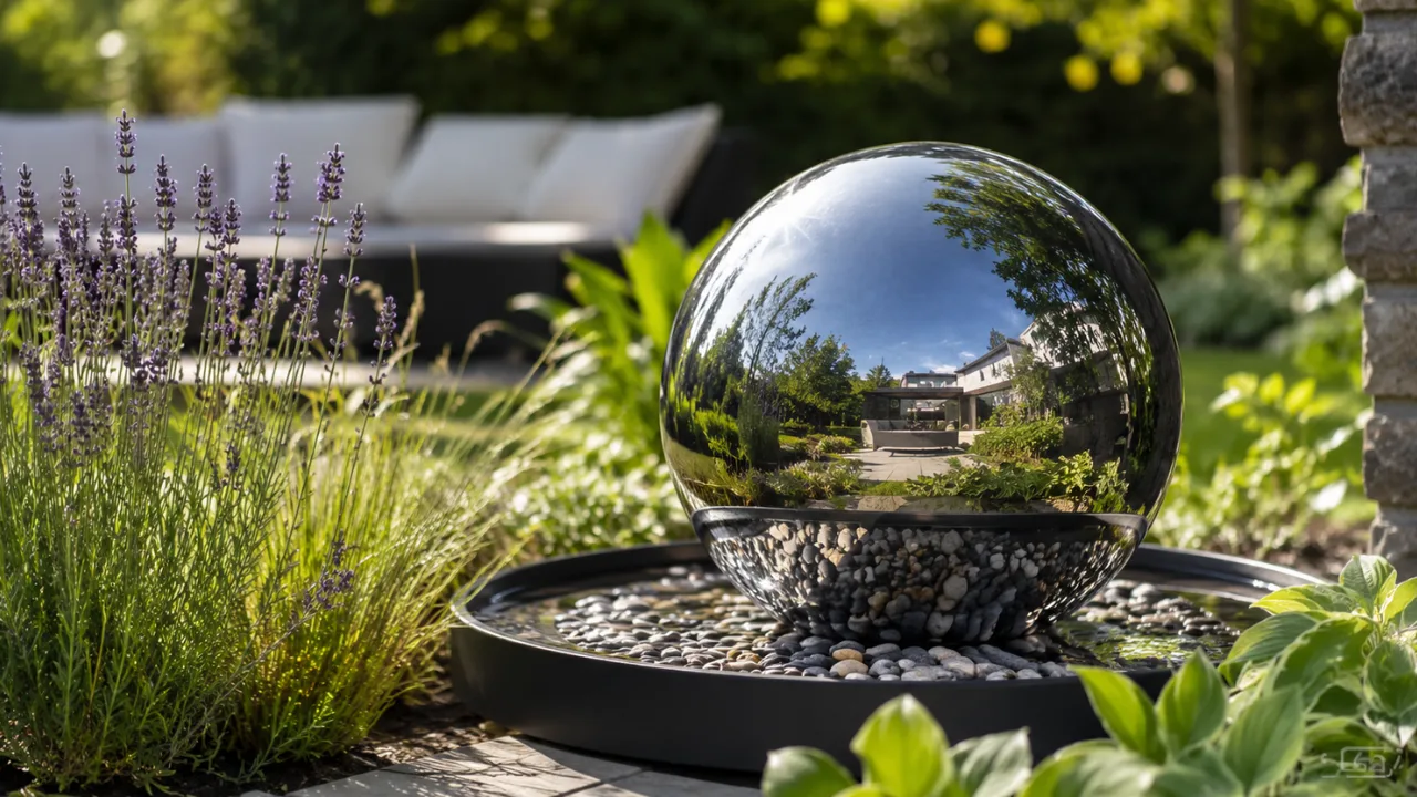 Gartendeko aus Edelstahl mit Kugelbrunnen zwischen Gräsern und modernem Gartenbereich