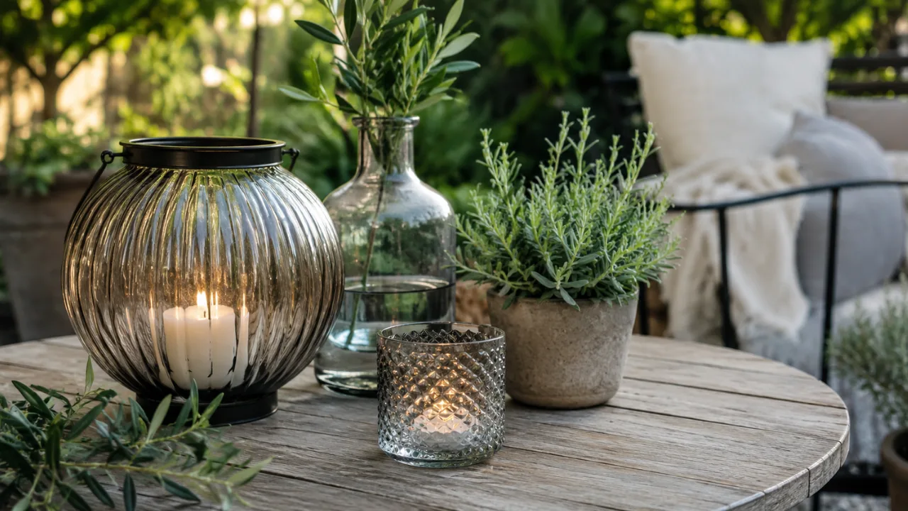 Gartendeko mit Glas auf Holztisch mit Laternen und Pflanzen im gemütlichen Gartenbereich.