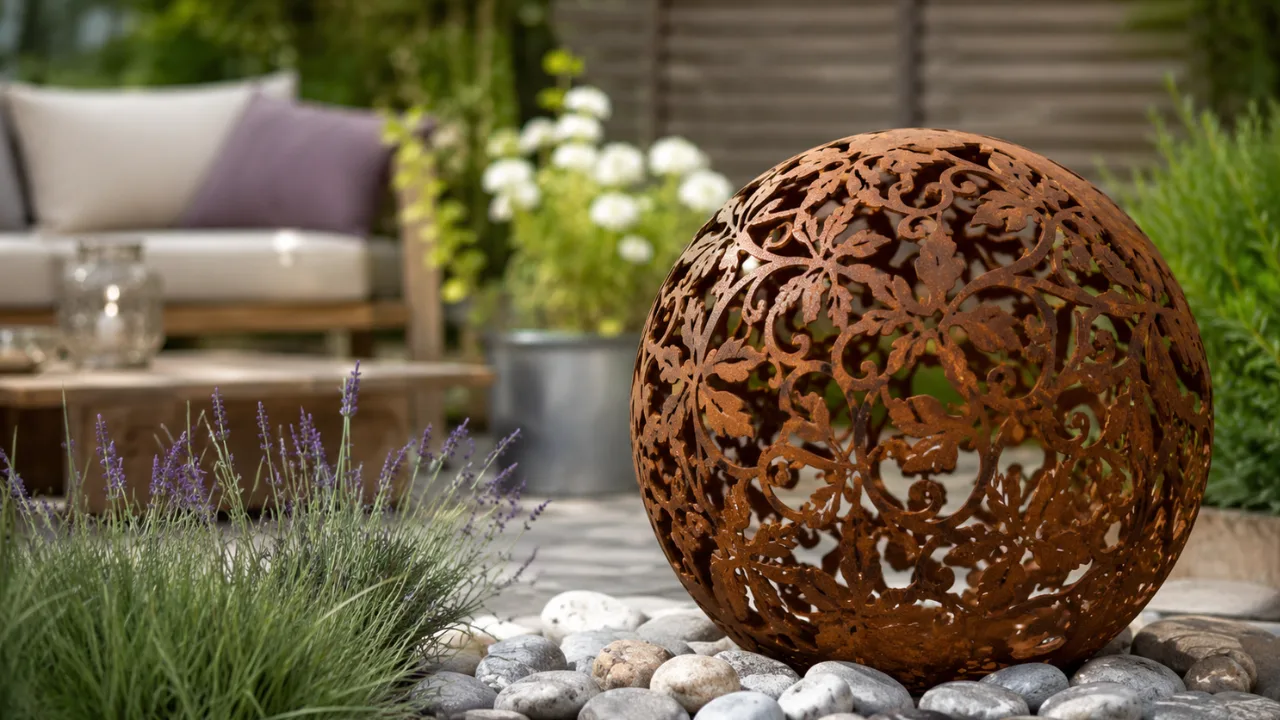 Gartendeko aus Metall mit rostiger Kugel auf moderner Terrasse zwischen Gräsern und Lavendel.
