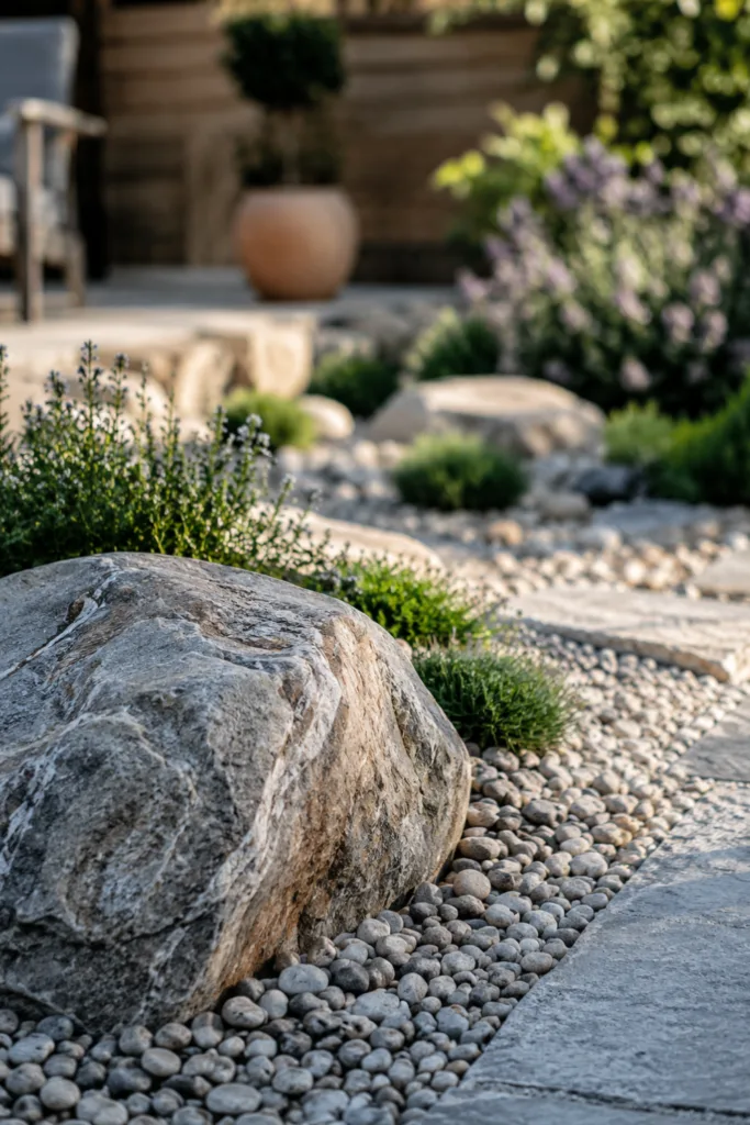 Gartendeko aus Naturmaterialien mit Natursteinen, Kiesweg und ruhiger Gartengestaltung im Hochformat.