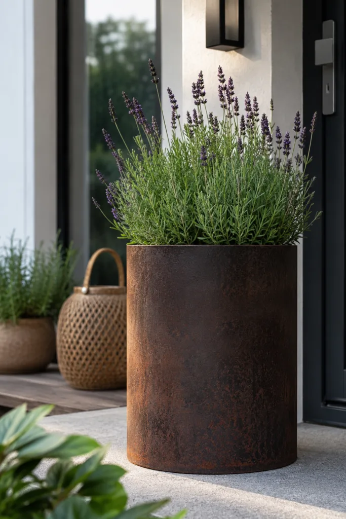 Gartendeko aus Metall mit großem Metallpflanzgefäß und Lavendel auf moderner Terrasse