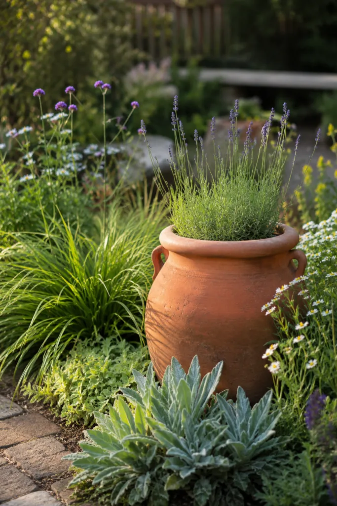 Gartendeko mit Tontöpfen als ruhige Blickpunkte zwischen Lavendel und Gräsern im Beet