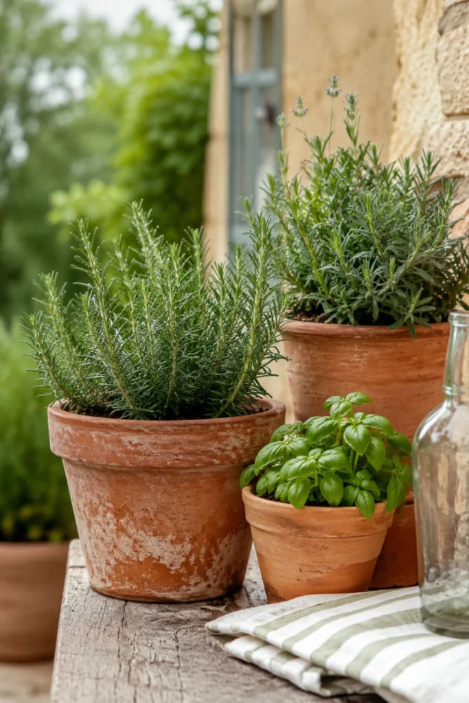 Gartendeko mit Tontöpfen und Kräutern auf rustikaler Terrasse mit mediterraner Atmosphäre