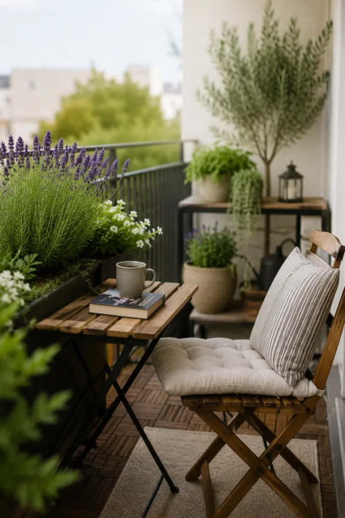 Balkon-Deko im Juni – 5 moderne Ideen ohne Chaos und Überladung Balkondeko im Juni mit Sitzbereich, Lavendel, Holzstuhl und sommerlicher Zonengestaltung auf kleinem Balkon