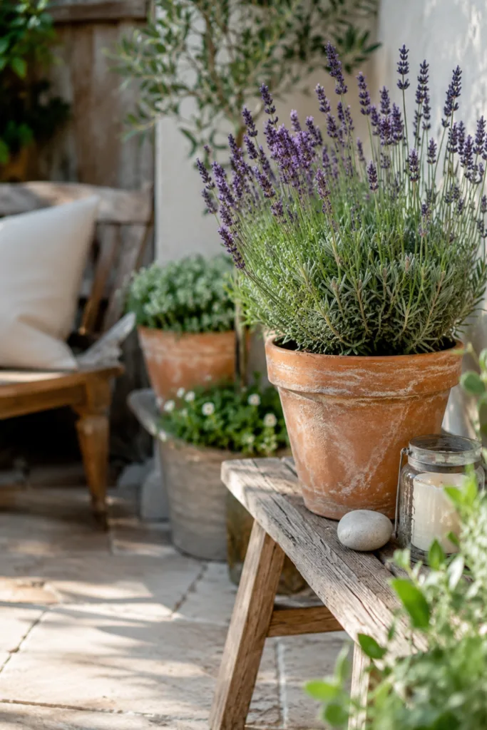 Gartendeko mit Tontöpfen auf Holzbank für mehr Höhe und Tiefe im Garten