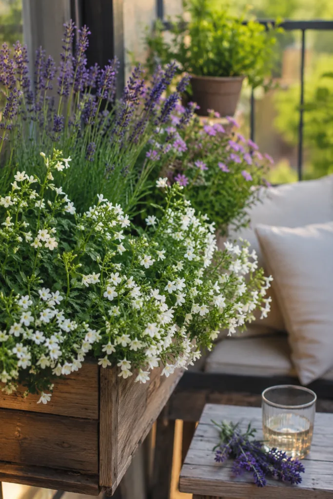 Balkon-Deko im Juni – 5 moderne Ideen ohne Chaos und Überladung Balkondeko im Juni mit Lavendel, Sommerpflanzen und gemütlicher Holzgestaltung auf kleinem Balkon.