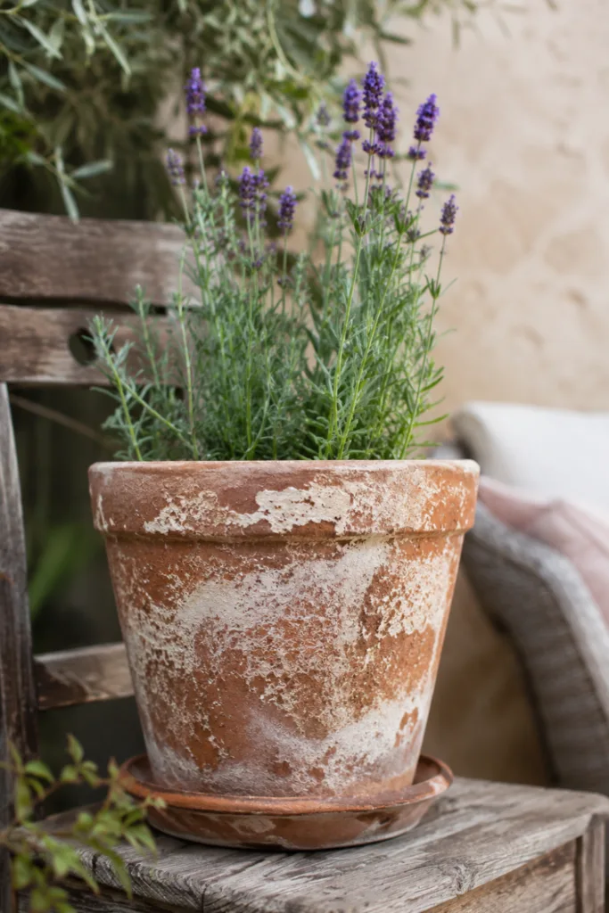 Gartendeko mit Tontöpfen: Verwitterter Terrakottatopf mit Lavendel auf rustikaler Holzbank.