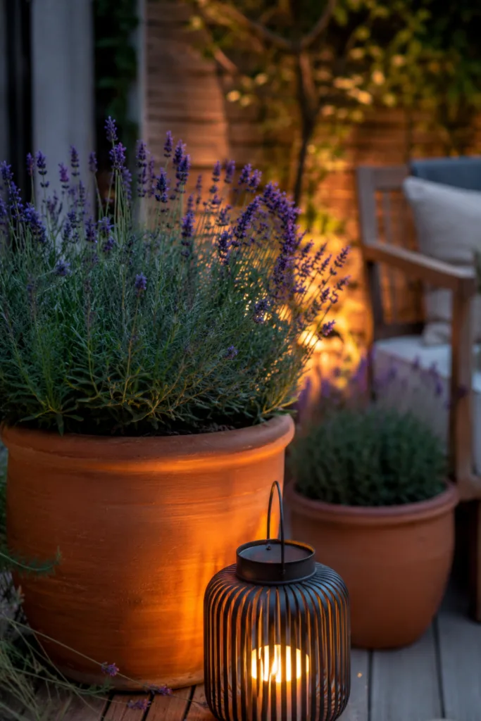 Gartendeko mit Tontöpfen und warmem Licht auf gemütlicher Terrasse am Abend