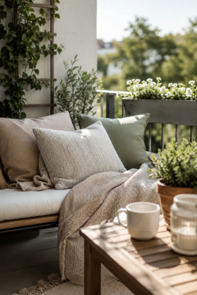 Balkon-Deko im Juni – 5 moderne Ideen ohne Chaos und Überladung Balkondeko im Juni mit Kissen, Decke und Pflanzen auf kleinem Balkon im warmen Tageslicht.