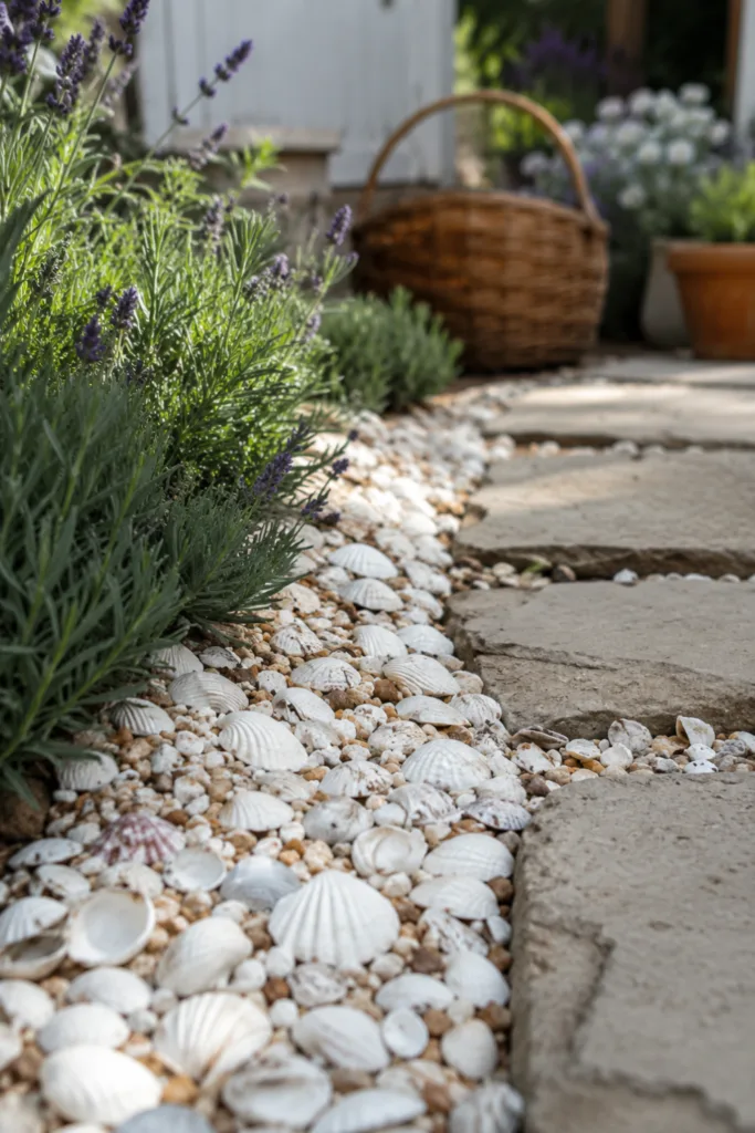 Gartendeko mit Muscheln entlang eines Gartenwegs zwischen Lavendel und Natursteinen