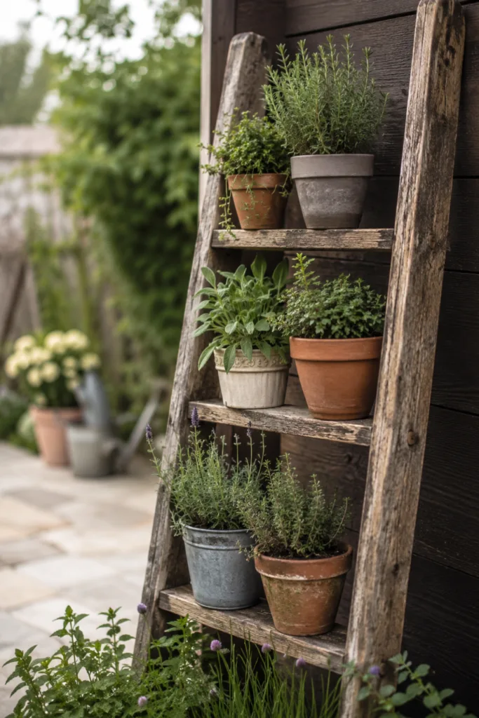 Gartendeko aus altem Holz – 5 wunderschöne Ideen für deinen Garten Gartendeko aus altem Holz mit bepflanzter Holzleiter und Kräutertöpfen im Garten.