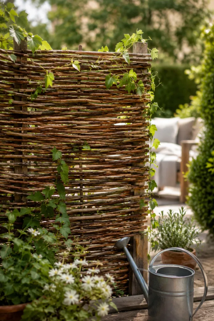 Gartendeko aus Naturmaterialien mit Weidenzweigen als natürlicher Sichtschutz im Garten.