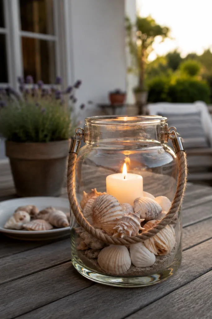 Gartendeko mit Muscheln und Windlicht auf Holztisch bei warmem Abendlicht im Garten