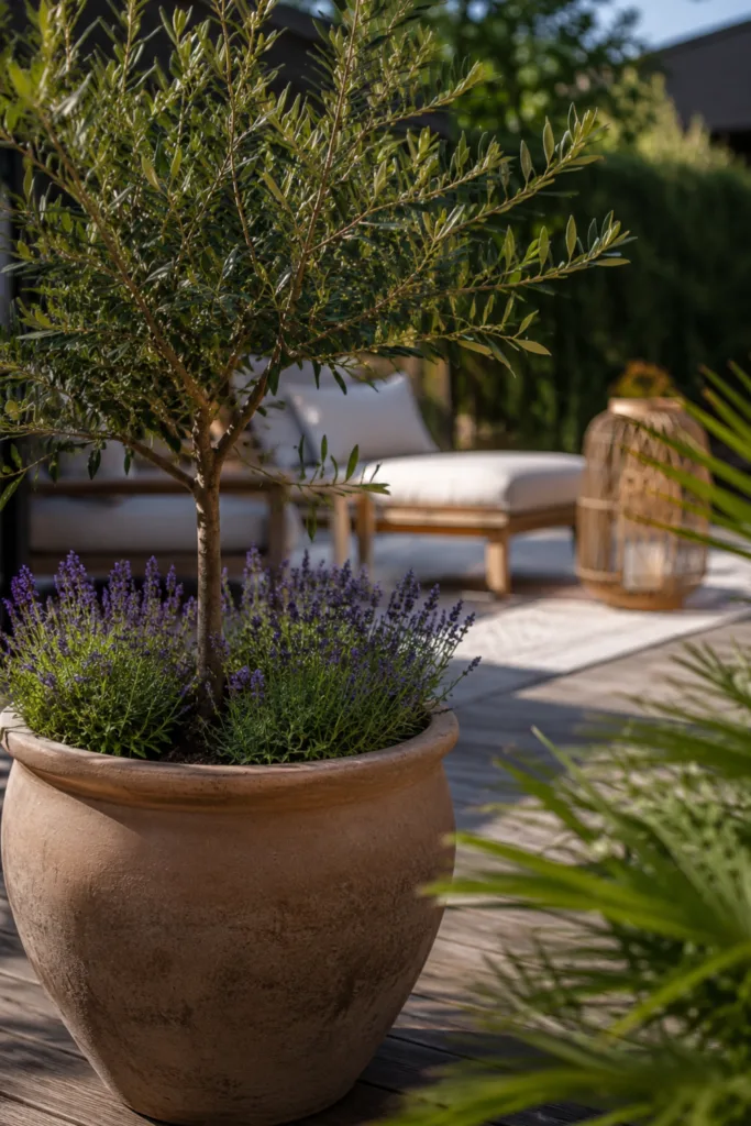Terrassendeko im Juni mit großem Terrakotta-Kübel, Olivenbaum und Lavendel auf sonniger Terrasse
