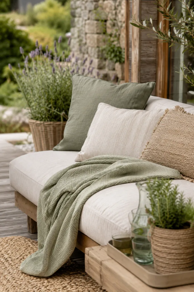 Terrassendeko im Juni mit Outdoor Kissen, Teppich und natürlichen Textilien auf Holzterrasse