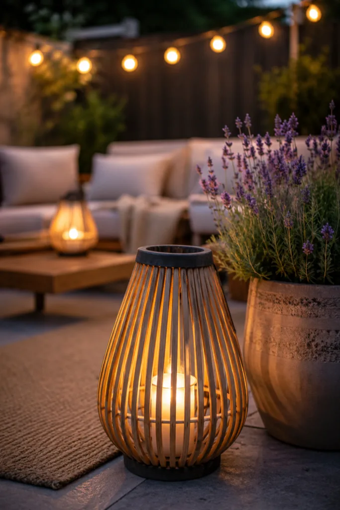 Terrassendeko im Juni mit warmen Lichtquellen, Laterne und gemütlicher Abendstimmung auf Terrasse