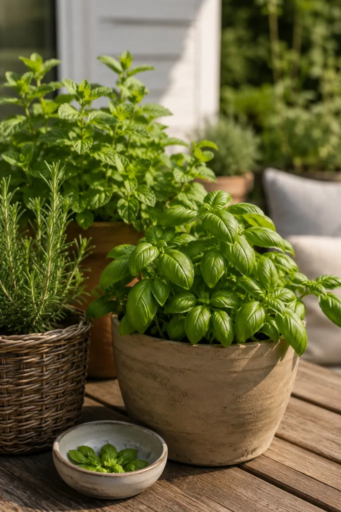 Terrassendeko im Juni mit Basilikum, Rosmarin und Kräutern in natürlichen Pflanzgefäßen.