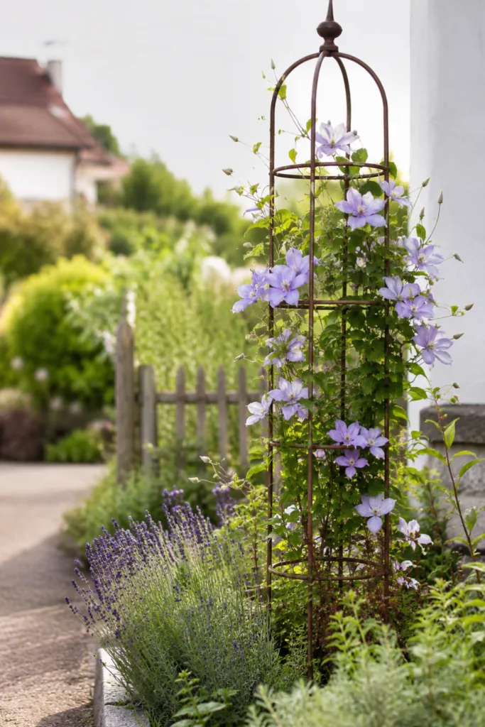 Gartendeko aus Eisen – 5 Ideen für mehr Struktur und Atmosphäre Gartendeko aus Eisen mit Rankobelisk und Clematis im natürlichen Gartenbeet