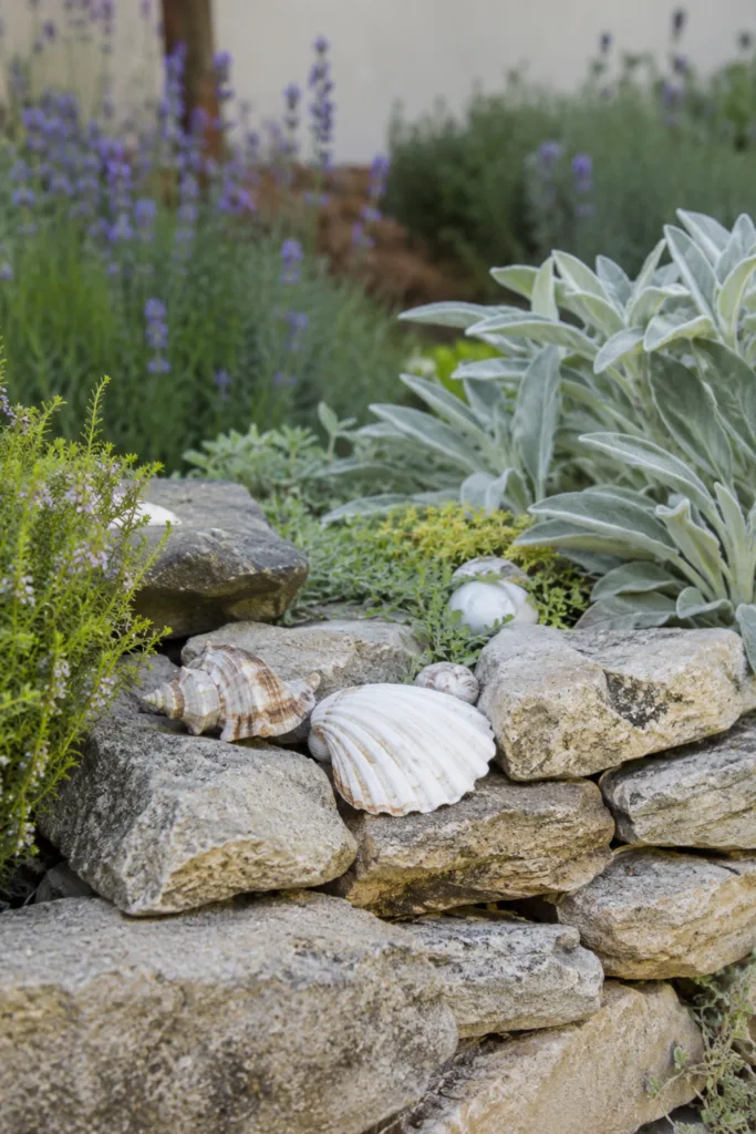 Gartendeko mit Muscheln in Trockenmauer zwischen Lavendel und Natursteinen im Garten.
