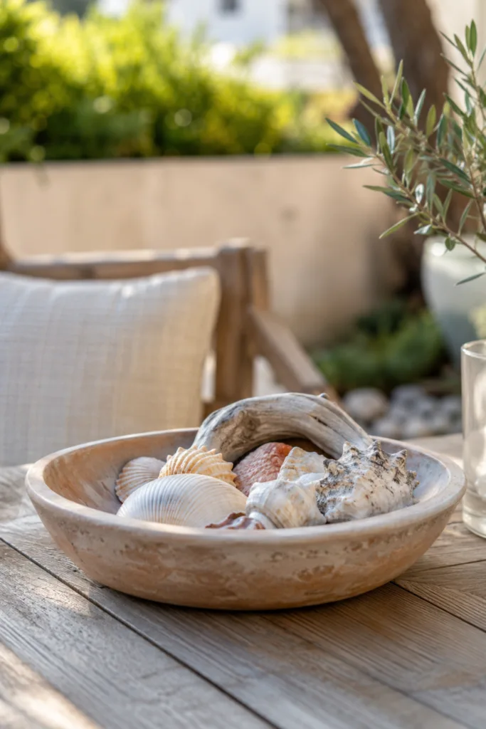 Gartendeko mit Muscheln in flacher Tonschale auf rustikalem Terrassentisch im Garten